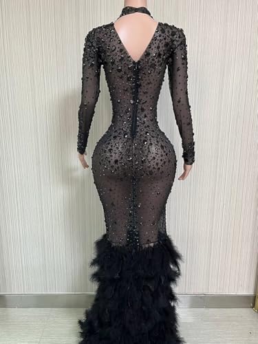 Tulle Half Transparent Rhinestone Sparkly Prom Dress Women's Feather Long Ball Celebrity Gala Pageant Evening Party Gown3