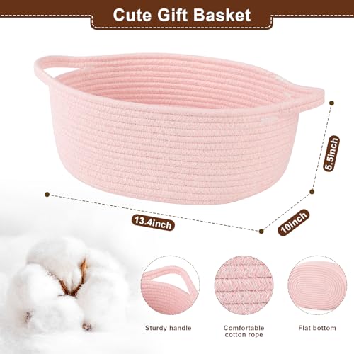 Image of OIAHOMY Gift Basket with Handle, 13.4 inchx 10 inchx 5.5 inch Woven Basket with Gift Bag, Ribbon and Wrap Tissue Paper, Nursery Bins Empty to Fill with Towels, Baby, Pet Toy Organizer - Pink