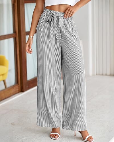 Image of BTFBM Pants for Women 2026 Spring Clothes Striped High Waist Tie Knot Dressy Casual Wide Leg Palazzo Work Trousers Pants