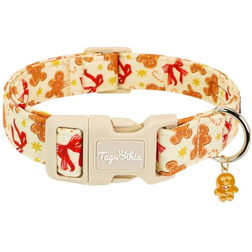 Astdogio Small Christmas Dog Collar, Adjustable Dog Collars with Gingerbread & Red Bow Pattern, Cute Dog Christmas Collars Winter Puppy Collar,Holiday Collar for Girl Boy Dogs-XS