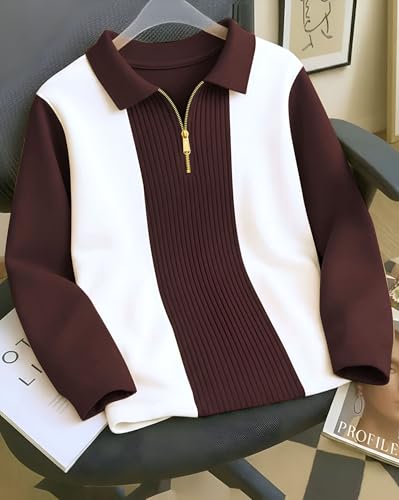 Image of Mens Stylish Half Zipper Collared Neck Tshirt, Casual Texture T-Shirt for Men, Formal Full Sleeves T-Shirt for Boys, Texture Tshirs for Boy