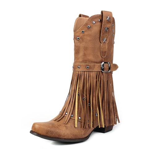 Women's Fringe Cowboy Boots Mid Calf Cowgirl Boots with Studded Pointed Toe and Chunky Heel Western Tassel Riding Boot