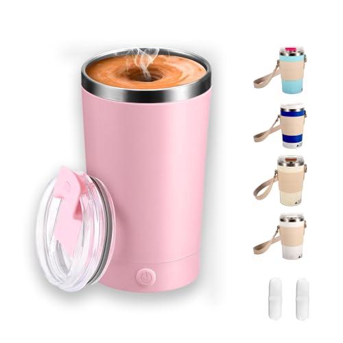 Jukestarz Self Stirring Mug with Lid, 13.5oz Magnetic Stirring Coffee Cup, Rechargeable 316 Stainless Steel, Auto-Mixing for Coffee, Milk, Protein Powder(Pink)