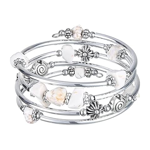 FULU AUTUMN Stone Silver Bangle Wrap Bracelet Boho Turquoise Crystal Chips Bead Bracelets Fashion Jewelry Birthday Gifts for Women(19-White turquoise) Cover