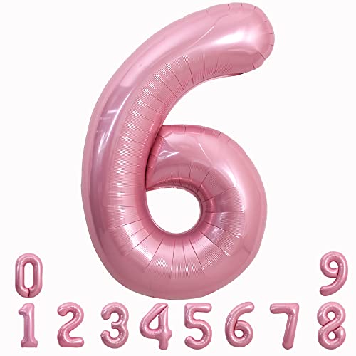 Image of TONIFUL 40 Inch Light Pink Large Numbers 0-9, Number 6 Digital Helium Balloon, Pink Foil Mylar Big Number Pastel for Birthday Party Anniversary Supplies Decorations
