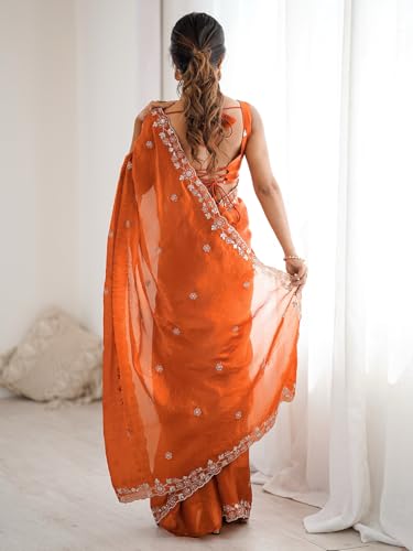 Image of Satrani Women's Tissue Silk Scalloped Border Sequins Embroidery Saree with Unstitched Blouse Piece