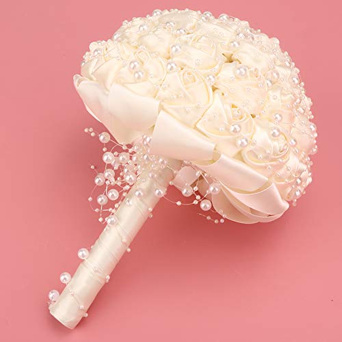 mumisuto Hand Made Wedding Flowers Bridal Bouquets Crystal Bride Holding Bouquet White Ivory Satin Roses with Diamond Pearl Ribbon - Image 3