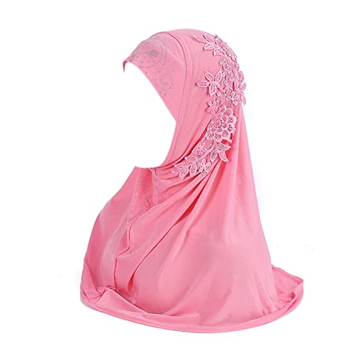 Women One Piece Muslim Hijab Lace Applique Head Wrap Scarf Shawl with Rhinestones