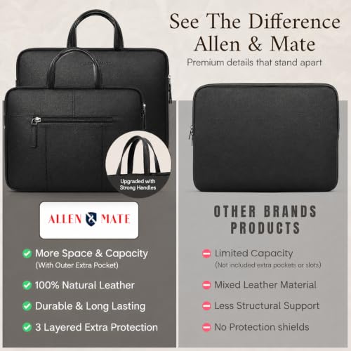 Image of ALLEN & MATE 100% Leather Laptop Case 15 Inch Laptop Sleeve fits MacBook Air /Pro 15 inch M5 /M4 /M3 /M2, MacBook Pro 14 inch, Dell, HP, Lenovo, Chromebook 14 inch-15.6 inch Computer Bag Zip Pocket - Black