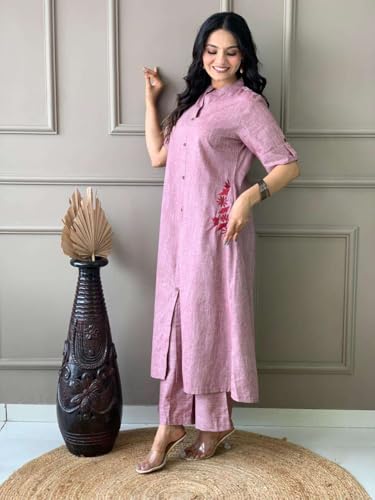 Image of Women's Cotton Embroiderd Long A-Line Kurti with Palazzo