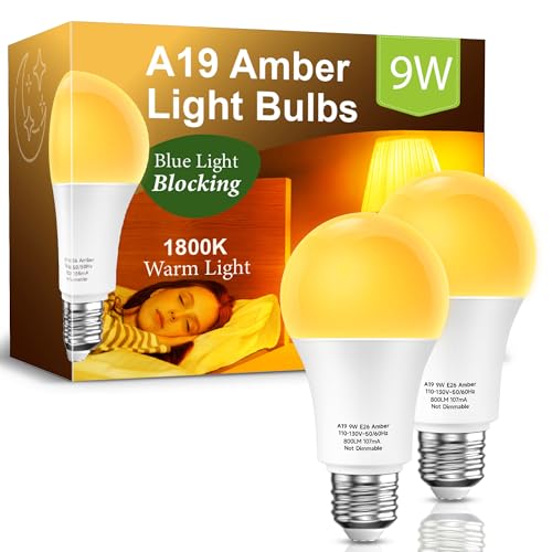 Eastiya Amber Light Bulbs for Sleep: 9W Amber Warm 1800K, Blue Blocking Dim Bulbs 60W Equivalent, E26 Bulb for Mood Soothing, Bedroom and Baby Nursery Light, 2 Pack