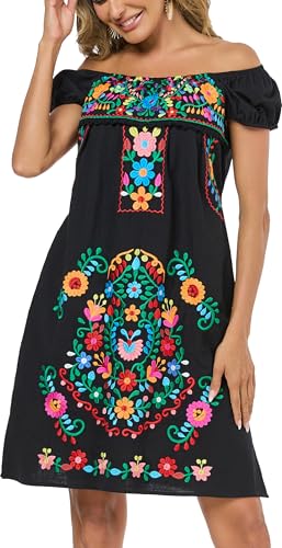 YZXDORWJ Women Mexican Embroidered Dress Casual Loose Bohemian Floral Dress Short Sleeve Long Maxi Summer Beach Swing Dress4