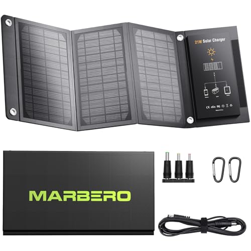 MARBERO 21W Portable Solar Panel Foldable Solar Panel Charger IP65 Waterproof Solar Panels 23% High Efficiency Fast Charger USB Ports & DC 18V Output for Camping Outdoor Travel Emergency Cloudy