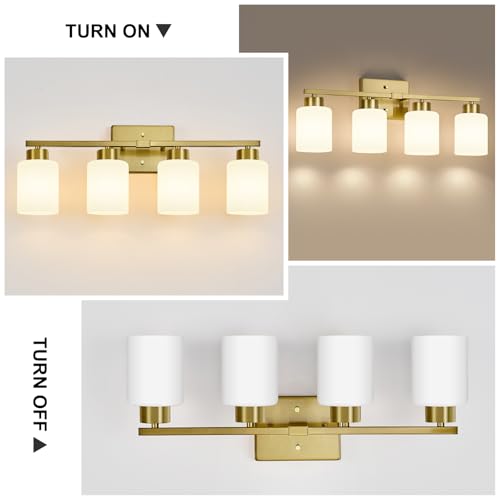 Image of FonmYim Brushed Gold Bathroom Light Fixtures, 4-Light Modern Vanity Light Over Mirror, Wall Sconces with Milky White Frosted Glass Shades, E26 Socket (Bulbs Not Included)
