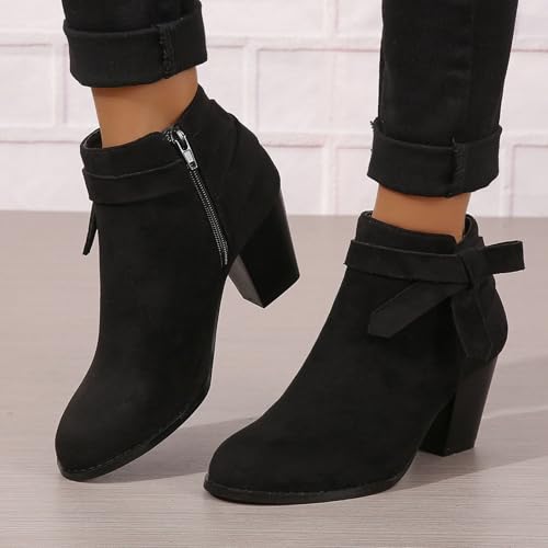 Women's Tie Knot Chelsea Pump Ankle Boots Closed Toe Stacked Heel Booties Shoes Faux Suede Side Zipper Western Booties High Heel Fall Winter Shoes2