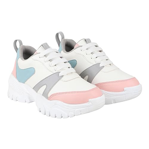 Image of Shoetopia Women's White Chunky Sneakers with Pink & Blue || Accents Casual Lace-Up Sports Shoes for Everyday EU40