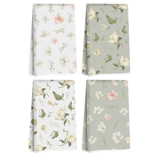 Image of 4Pcs Spring Pastel Floral Pattern Kitchen Towels, Cottage Core Decorative Absorbent Microfiber Dish Cloth Tea Towel, Hand Towels for Farmhouse Home Bathroom, Housewarming Gifts for Women