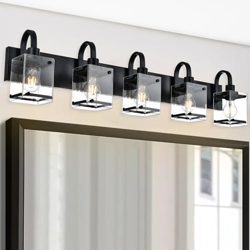 Image of 5 Light Vanity Light Bathroom Lighting Fixtures,Black Cage Vintage Wall Sconces Lighting,40.2 Inch Bath Wall Mounted Lights with Clear Glass Shade Bathroom Vanity Light for Living Room