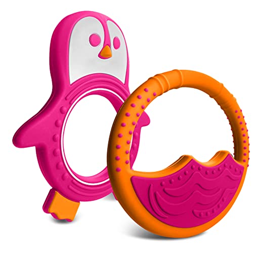 Baby Teething Toys for Newborn, Infants 0-6 Months Silicone Teethers for Babies 6-12 Months BPA Free (Penguin - Pink &amp; Orange)