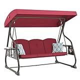 ZZW 3-Seat Patio Porch Swing 800LBS Outdoor Swing with Stand w/Canopy & Adjustable Backrest Patio Glider Chair w/Removable Pillows & Foldable Side Tray for Balcony Garden Deck (Wine Red)