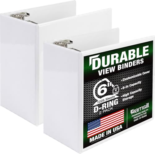 Samsill Durable 6 inch 3 Ring Binder Locking D Ring Binder Customizable Clear View Cover White 2-Pack Holds 1225 Pages