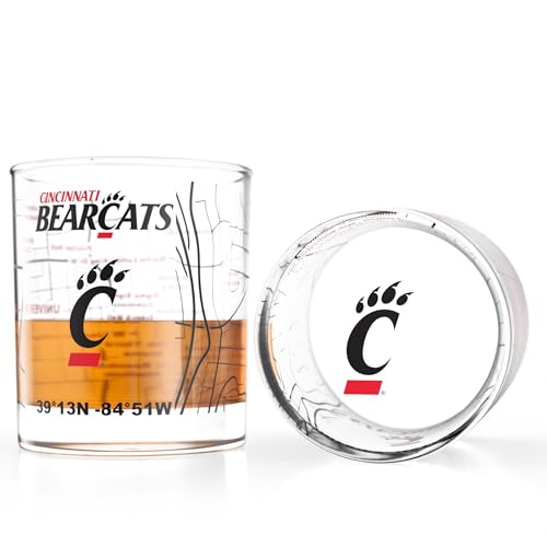 Image of Greenline Goods University of Cincinnati Bearcats Whiskey Glasses Set of 2, 10 oz Rocks Glasses with Full-Color Logo & Campus Map - Officially Licensed Bourbon Glass Gift for Alumni & Fans