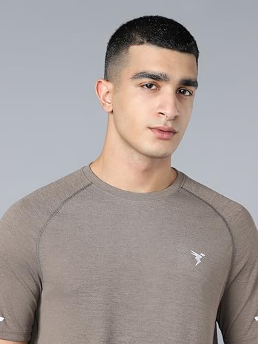 Image of TECHNOSPORT Men's Melange Slim Fit Round Neck T-Shirt Double Cool Raglan Sleeve Slip On Polyester for Gym Running Workout UPF50+ Anti Odour