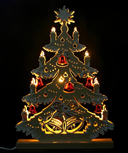3D LED - Schwibbogen-Spitze Tanne 44cm mit roten Glöckchen & Raureif...