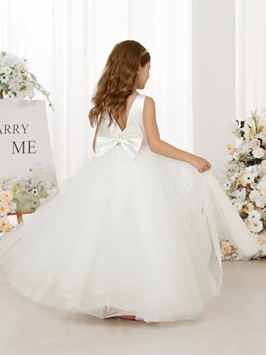 Sleeveless Flower Girl Dress V-Neck Satin Tulle First Communion Gown Pearls Wedding Party Long Dresses with Bow3