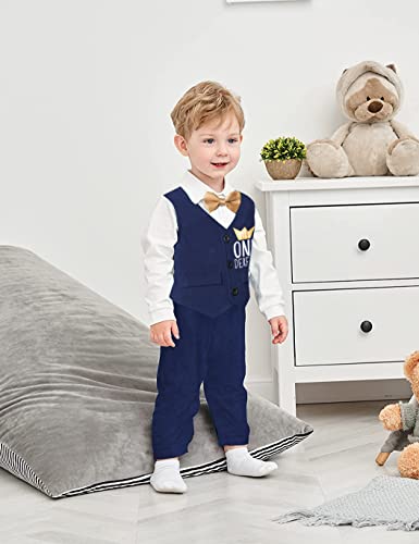 Queenstyle First Birthday Boy Outfit Mr One-derful Baby Boy Bowtie Romper + Pants Birthday Hat Gentleman Outfits 5Pcs3