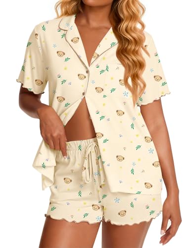 Image of Ekouaer Viscose from Bamboo Women Pajama Sets Button Up Cooling Pjs Short Sleeve Ruffle Sleepwear 2 Piece Lounge Shorts Set