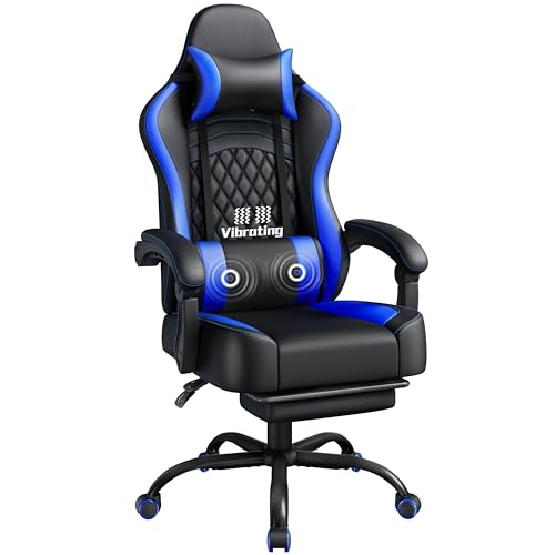 Yaheetech Gaming Stuhl, Ergonomischer Gaming-Stuhl mit Massagefunktion & Ausziehbarer Fußstütze, Verstellbare Rückenlehne, Höhenverstellbar, PC-Stuhl Computerstuhl Drehsessel (Schwarz & Blau)