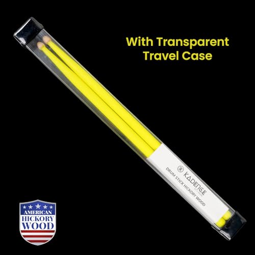 Image of Kadence AH7AY Touring Series Neon 7A Drumsticks | Premium American Hickory Wood | Acorn Tip with Smooth Matte Finish | Includes Protective Plastic Case | Yellow