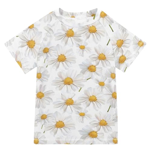 ALAZA Kids Rash Guard Girls Toddler Swim Shirts Short Sleeve White Daisy Cute UPF 50+ 3T