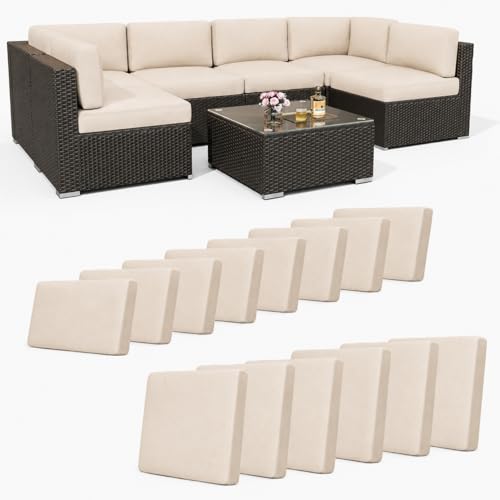 Hiseng Outdoor Patio Cushion Covers 14 PCS Solid Color Stretch Replacement Slipcovers for 8 Backrests and 6 Seat Cushions, Patio Furniture Rattan Corner Sofa Seat Protectors (Beige)