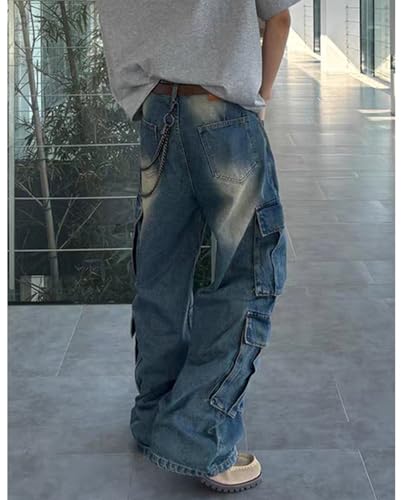 Men's Baggy Cargo Jeans Straight Wide Leg Loose Cargo Denim Pants Flap Pockets Hip Hop Pants for Teen Boys4