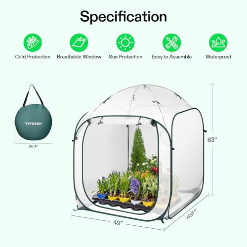 Image of VIVOSUN 49x49x63-Inch Portable Walk-in Greenhouse, with PVC Cover & Detachable Base, Instant Pop-up and Folding, Mini Greenhouse with Roll-Up Door & Mesh Window for Indoor Outdoor, Wind Ropes Included