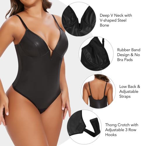 SHAPERIN Women's Deep V Neck Faux Leather Corset Bodysuit Tummy Control Shapewear Thong Body Shaper Plunge Cami Top3