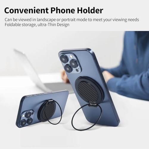 Magnetic Phone Ring Grip,Ultra Thin Phone Kickstand with Finger Loop Strap, Lightweight Phone Ring Holder for Mag Safe iPhone 16/15/14/13/12 Series (Carbon Fiber)