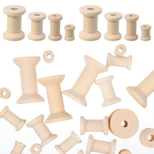 20 Pcs Wooden Spools 4 Sizes Natural Wooden Spools for Crafts Unfinished Empty Bobbins for Sewing Embroidery Machines Wire Weaving Thread Cord Ribbon Organizer Arts Crafts DIY Textile Projects