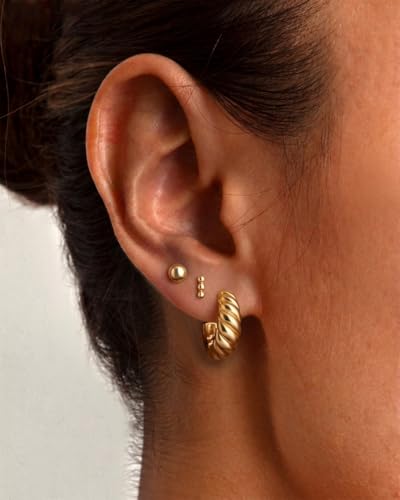 Image of Freekiss 3 Pairs Gold Hoop Earrings Set: Dainty Stud Earrings Trendy Small 14K Gold Plated Hypoallergenic Dangle Cartilage Huggie Hoop Earrings for Women Gold Jewelry for Women Gifts