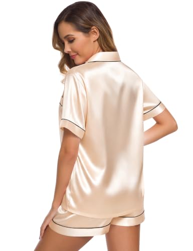 Image of SWOMOG Womens Silk Satin Pajamas Set Short Sleeve Sleepwear Button Down Top and Shorts Loungewear 2 Piece Pjs Set XS-3XL
