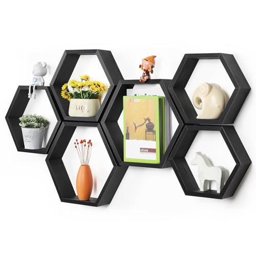 YBING Hexagon Floating Shelves Black Hexagonal Shelves Set of 6 Wood Honeycomb Shelves for Farmhouse MDF Hexagon Wall Decor Storage Shelves for Bedroom Office Living Room