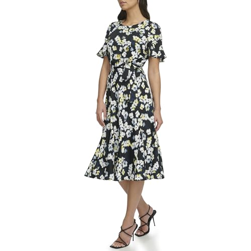 DKNY Women's Flutter Sleeve Round Neck Waist Tie Midi Dress3
