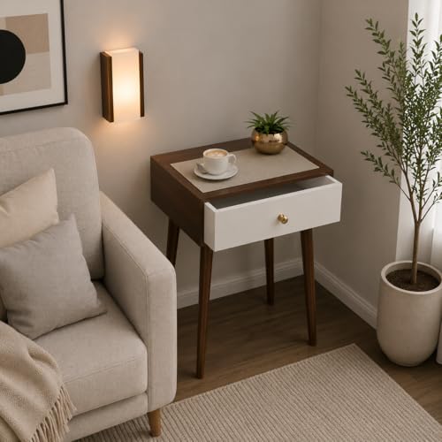 Image of End Table with Storage Rack Wooden Nightstand Bedside Table Storage Bookcase Nightstand Side End Table Living & Bed Rooms (Brown White)