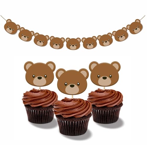 Teddy Bear Cupcake Toppers 24Pcs+Teddy Bear Banner, Bearly one pa...