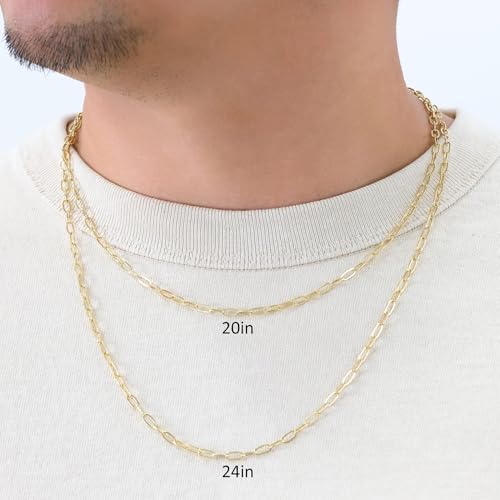 Nuragold 14k Real Yellow Gold Paperclip 3mm Elongated Cable Link Necklace (16"-24") Dainty Italian Jewelry for Men & Women3