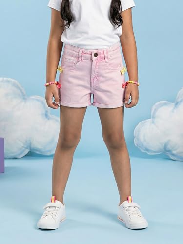 Image of KiddoPanti Girls Tight Length Rollup Denim Shorts with Lavender and Pink 3D Crochet Flowers