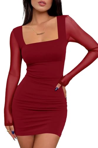 Cicy Bell Damen Bodycon Kleider Sexy Mesh Langarm Minikleid Square Neck Partykleid Clubkleid Cocktailkleid Slim Fit Bleistiftkleid Weinrot S