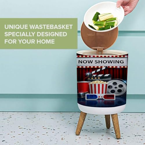 Image of Small Trash Can with Lid Cinema background concept movie theater object on red curtain Garbage Bin Round Waste Bin Press Cover Dog Proof Wastebasket for Kitchen Bathroom Living Room 1.8 Gallon